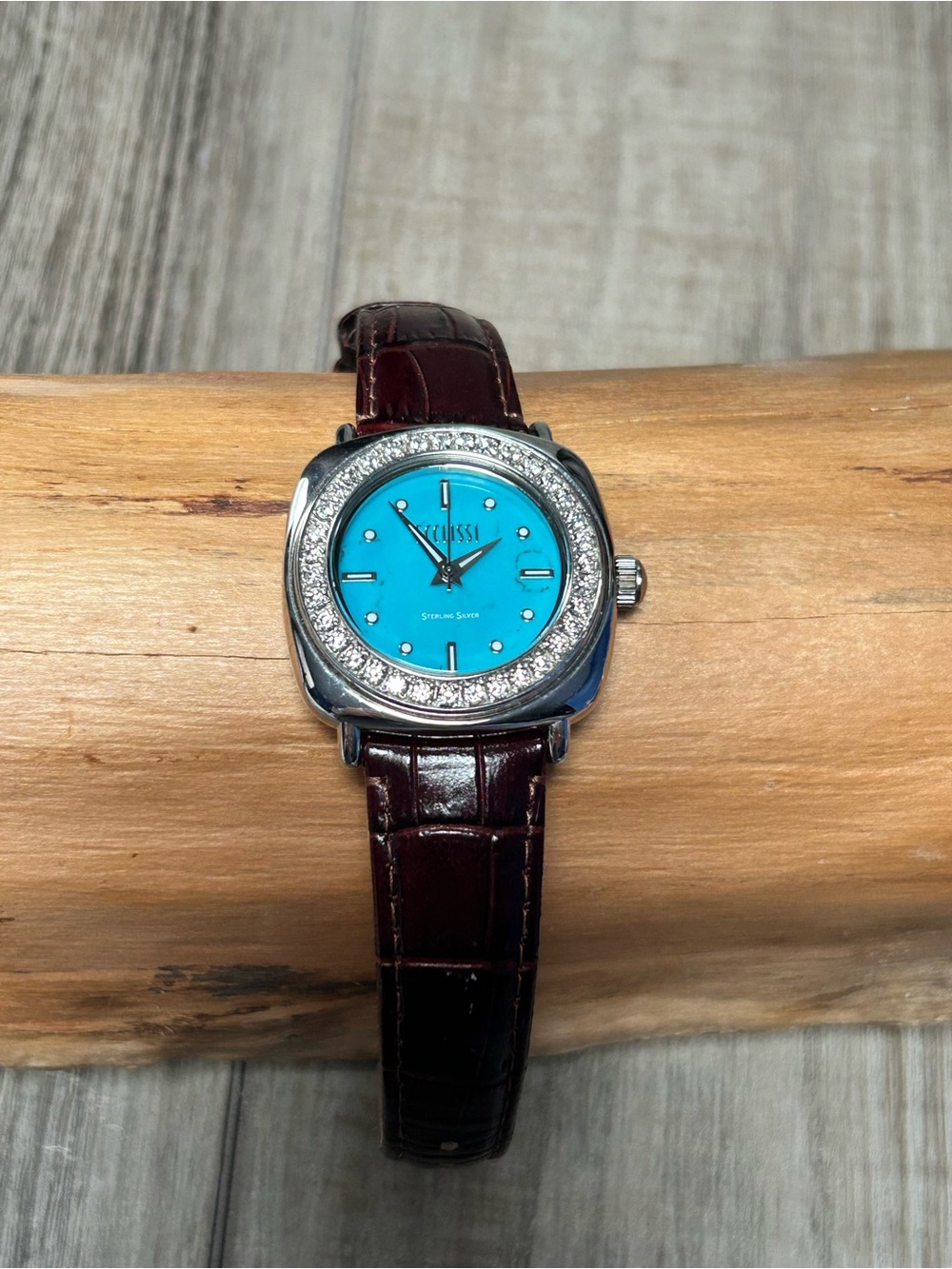 Exclusive Sterling Silver Turquoise CZ Leather Watch 22mm